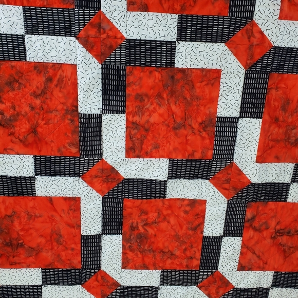 Handmade Geometric Patchwork Quilt Lap Blanket Orange Red Black White Size 45" - Picture 5 of 9